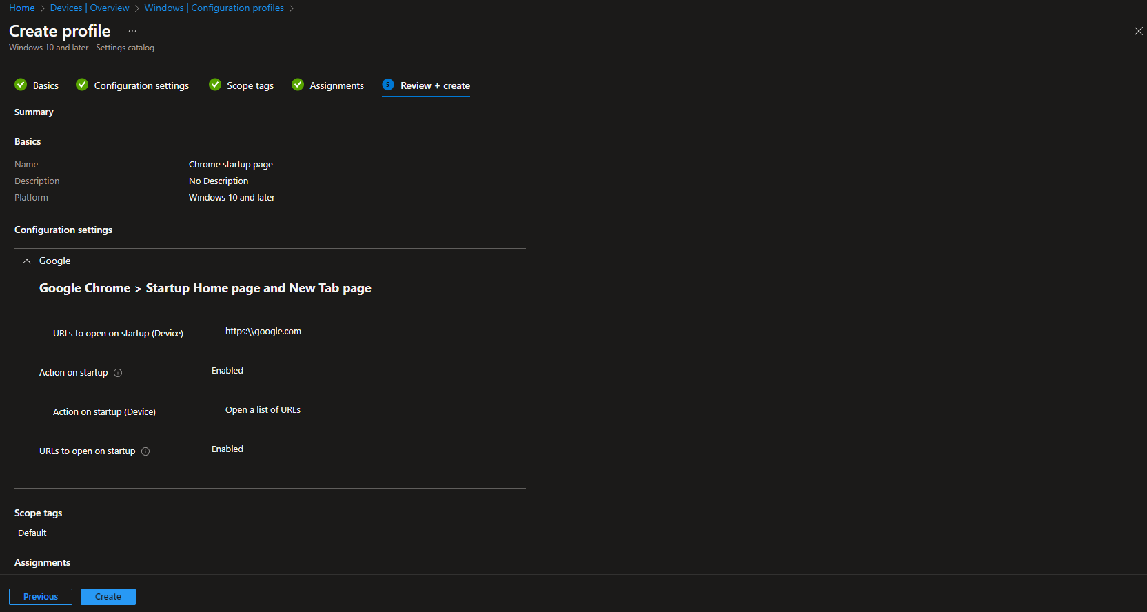 Review and create the configuration profile